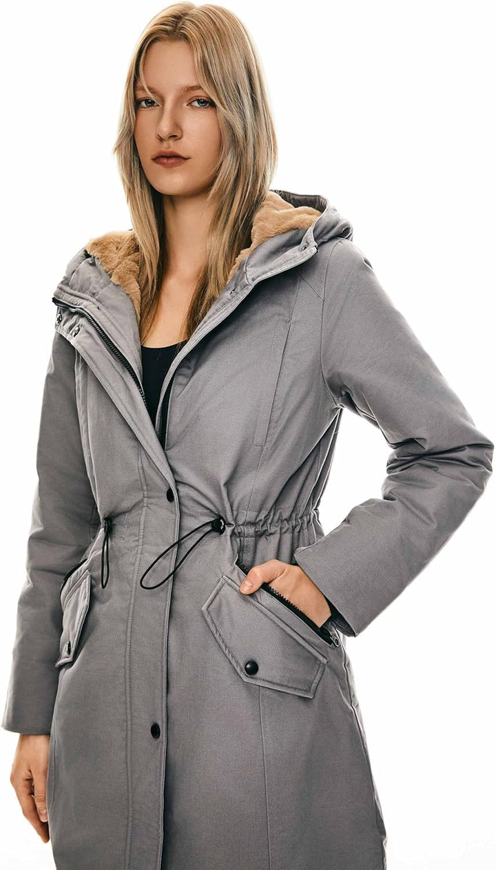 Orolay Damen Kapuzen Fleece Gefüttert Parka-Mantel Mittlere Länge Winter Draussen Gepolstert Jacke X