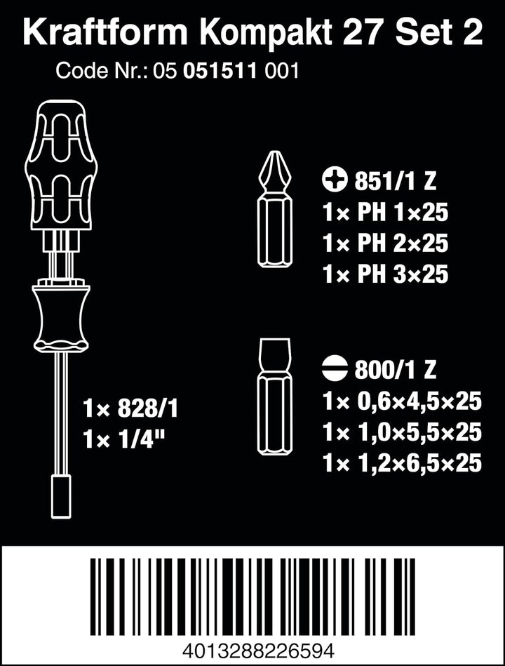 Wera - 05051511001 - Schraubendreher mit Bit Magazin, Kraftform Kompakt 27 Set 2, 7-teilig KK 27 Set