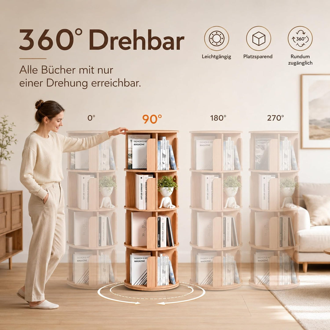 Drehbares Bücherregal aus Holz - 100% Massivholz - Premium Qualität - Platzsparend - Drehregal Büche