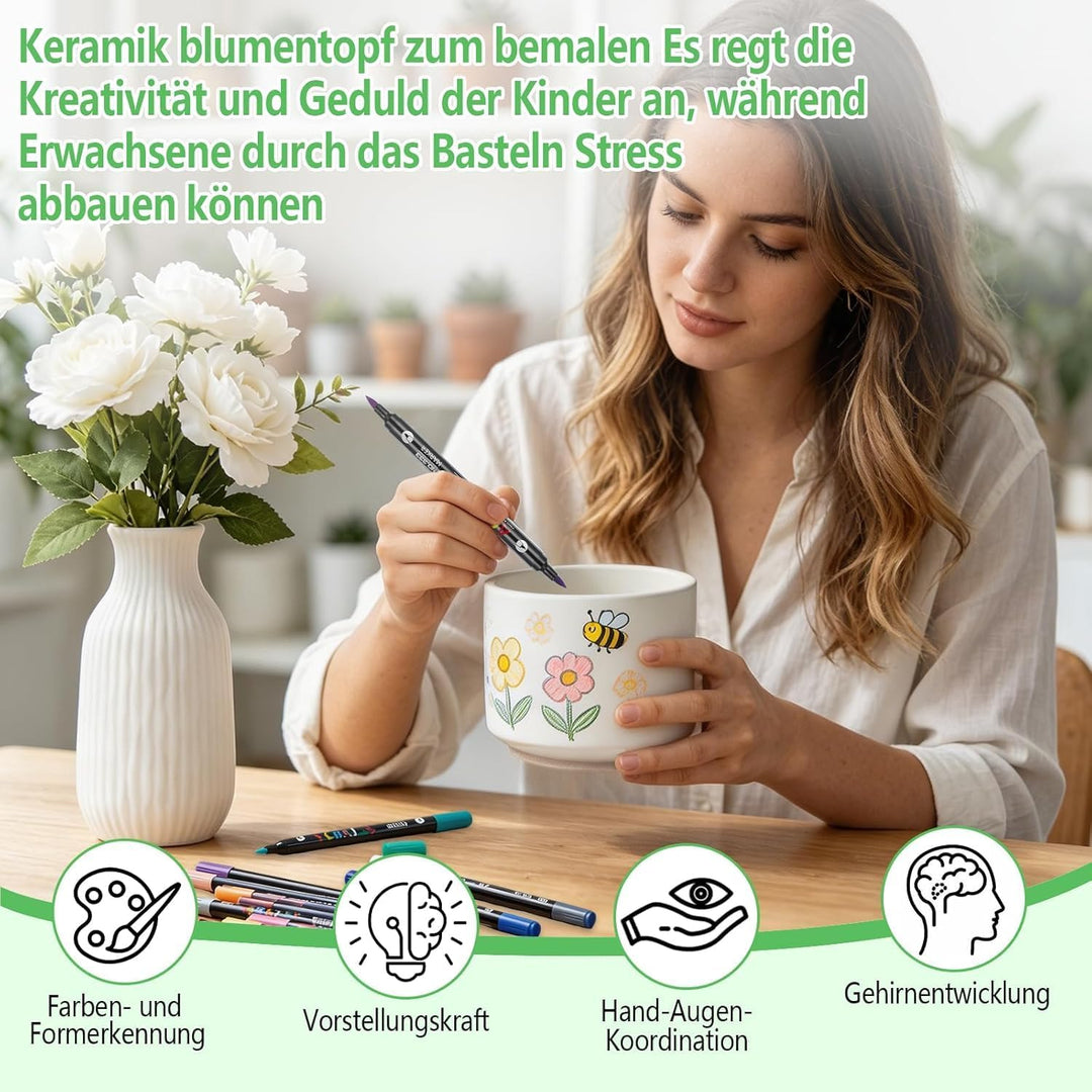 DIY-Keramik Bemalen Set Blumentopf zum Bemalen Kinder Blumentöpfe (Rund) | mit 2 Töpfen Gartenwerkze