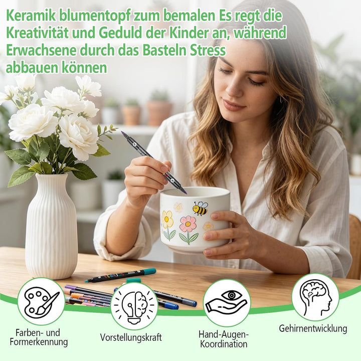 DIY-Keramik Bemalen Set Blumentopf zum Bemalen Kinder Blumentöpfe (Rund) | mit 2 Töpfen Gartenwerkze