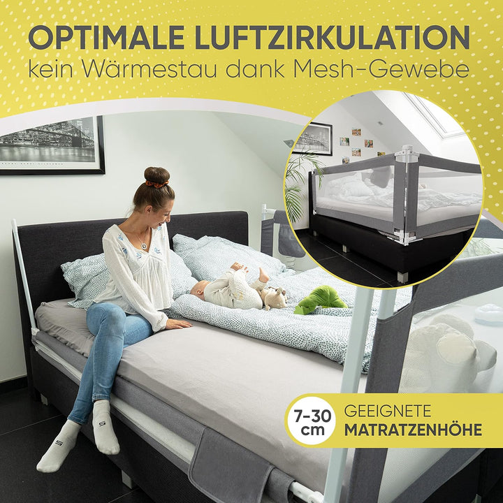 Bettgitter grau [1,5m] - Labor geprüft - Rausfallschutz Bett [Eine Seite] - Bettschutzgitter für Kin