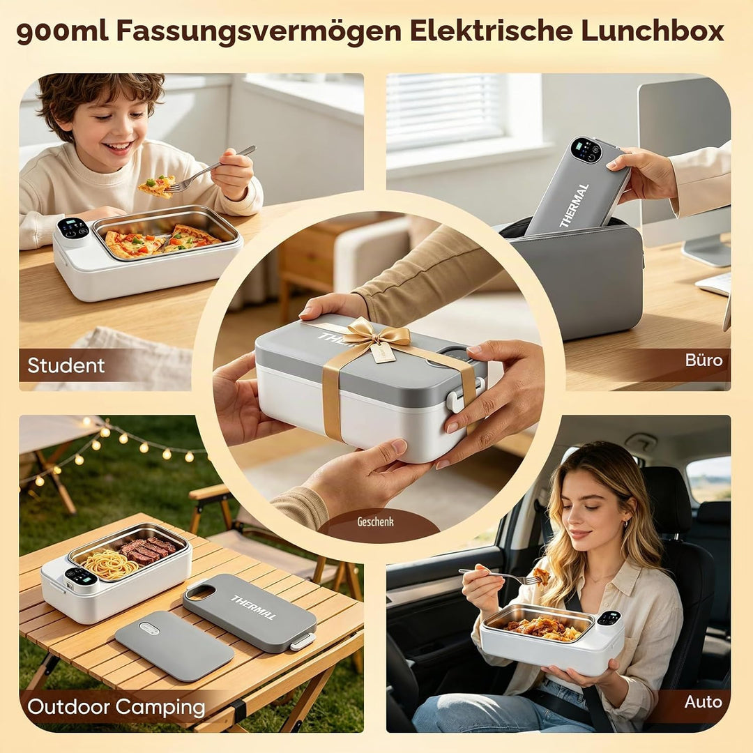 Elektrische Lunchbox mit 7200mAh Akku, 900ml Thermo Lunchbox für Essen heiss, USB-C Heatbox Edelstah