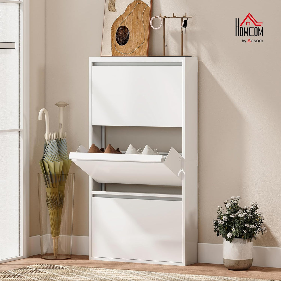 HOMCOM Schuhschrank Metall mit 3 Klappen Schuhkipper Schmal Schuhkommode Schuhregal Schuhablage Wand