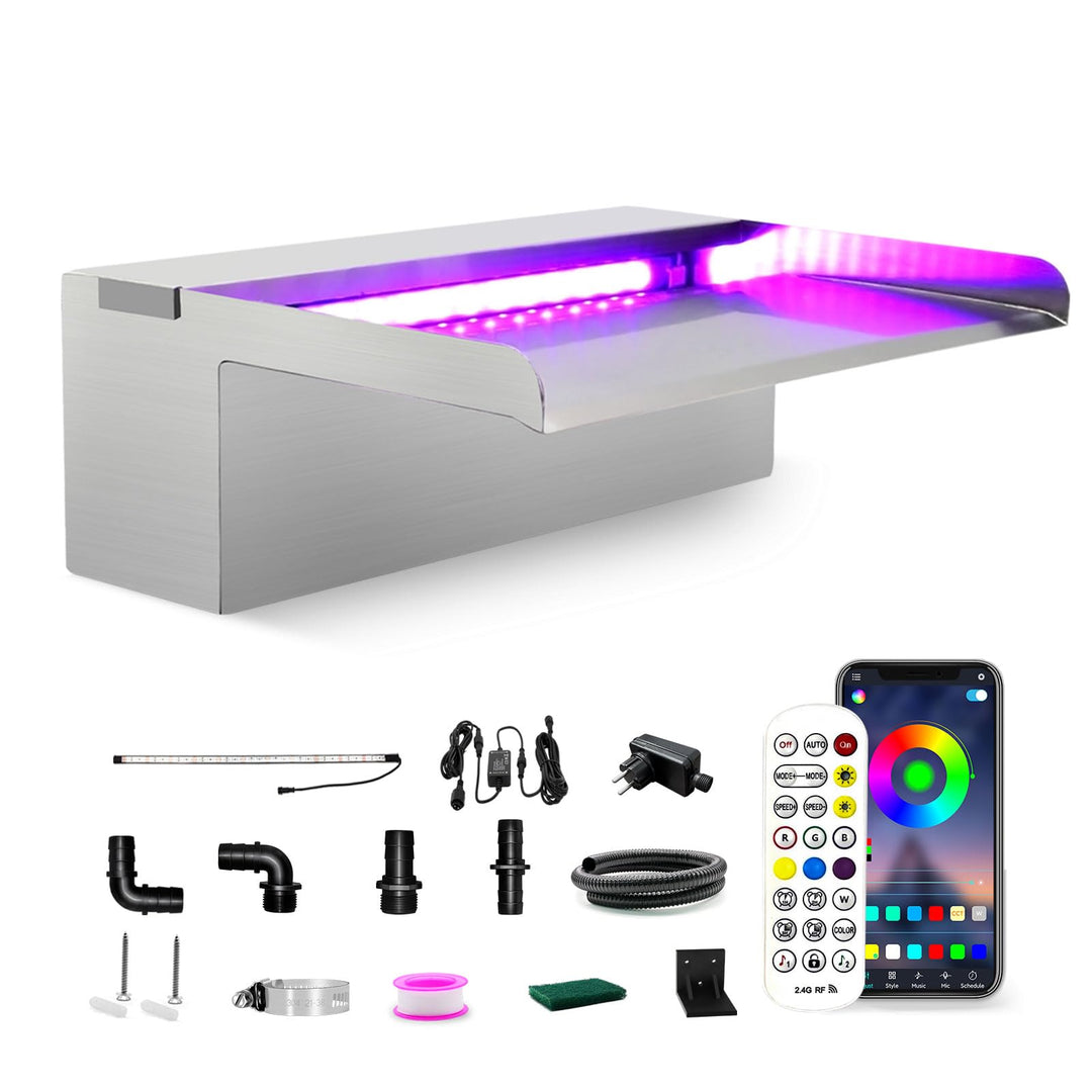 LONGRUN Edelstahl Wasserfall Überlauf, APP Kontrolle Multi-Farben LED-Licht Draussen Pool Brunnen, K