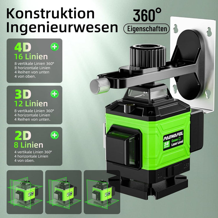 Kreuzlinienlaser Grün 4D 16 Linien Nivellierlaser mit Stativ, 4 * 360° Laser wasserwaage, linienlase