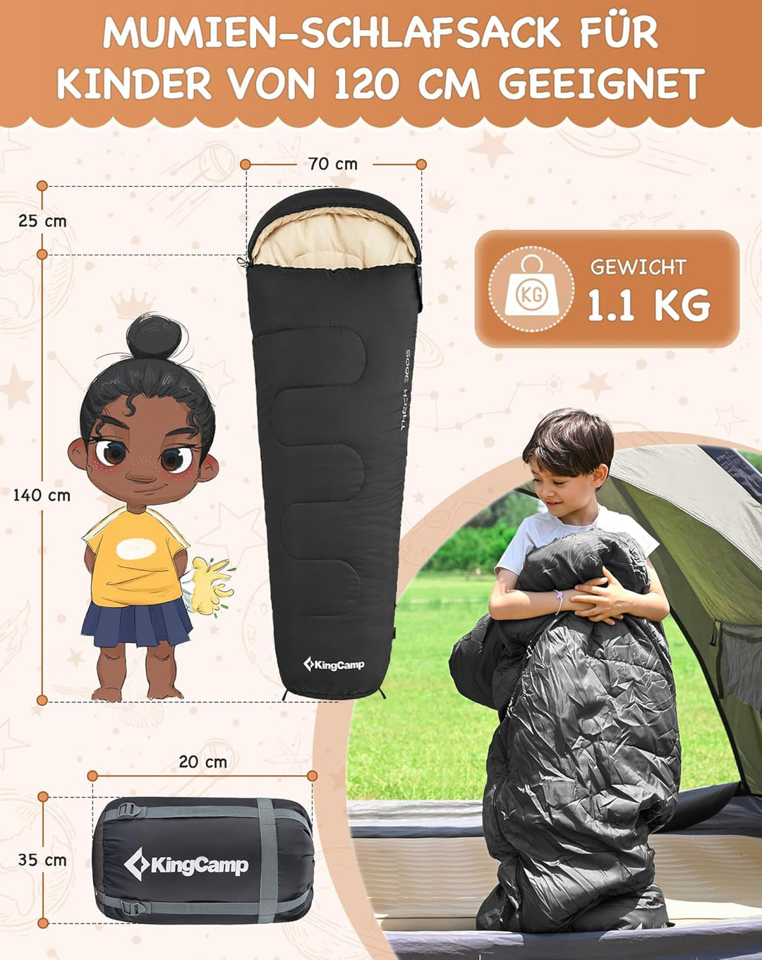 KingCamp Schlafsack Mumienschlafsäcke mit Kapuze 3-4 Jahreszeiten Warmer für Kinder & Erwachsenen be