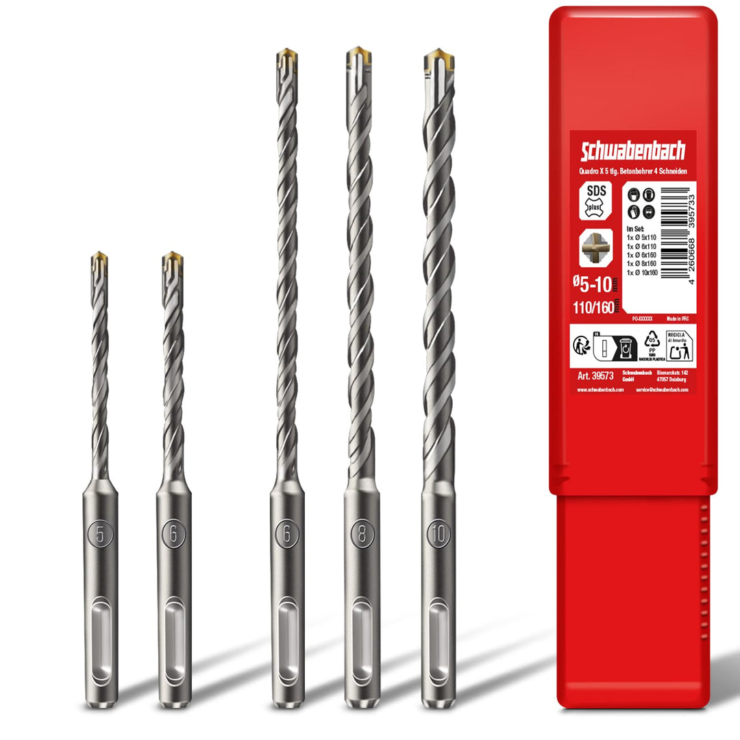 SCHWABENBACH ® SDS PLUS Betonbohrer Set 5tlg. Ø 5/6/8/10 mm x 110mm & 160mm Länge – Profi Steinbohre
