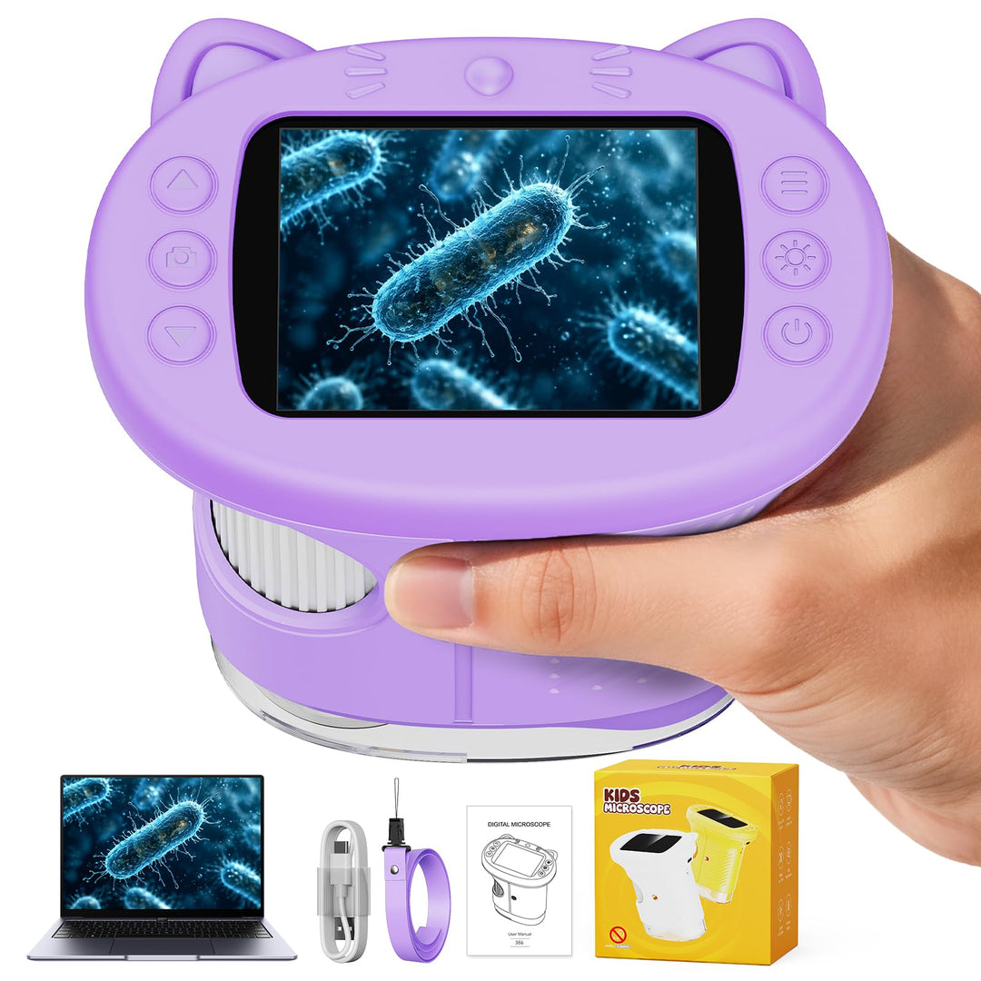 Tragbares Mikroskop für Kinder, 1000x Digitales Handmikroskop Kinder mit 2,4 Zoll IPS Bildschirm, Fo
