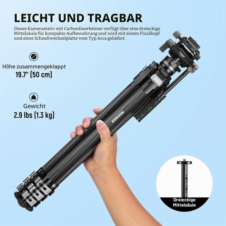 NEEWER 60,4" Reisestativ aus Carbonfaser mit abnehmbarem gedämpftem Fluidkopf, leichtes Video Kamera