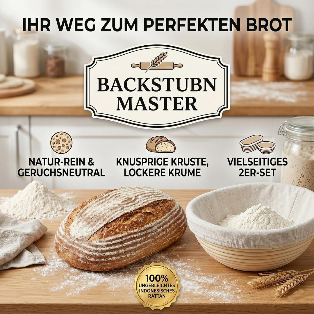 Premium Gärkörbchen Set 2-Teilig – 23cm Rund & 25cm Rechteckig Brotgärkorb aus 100% Ungebleichtem In