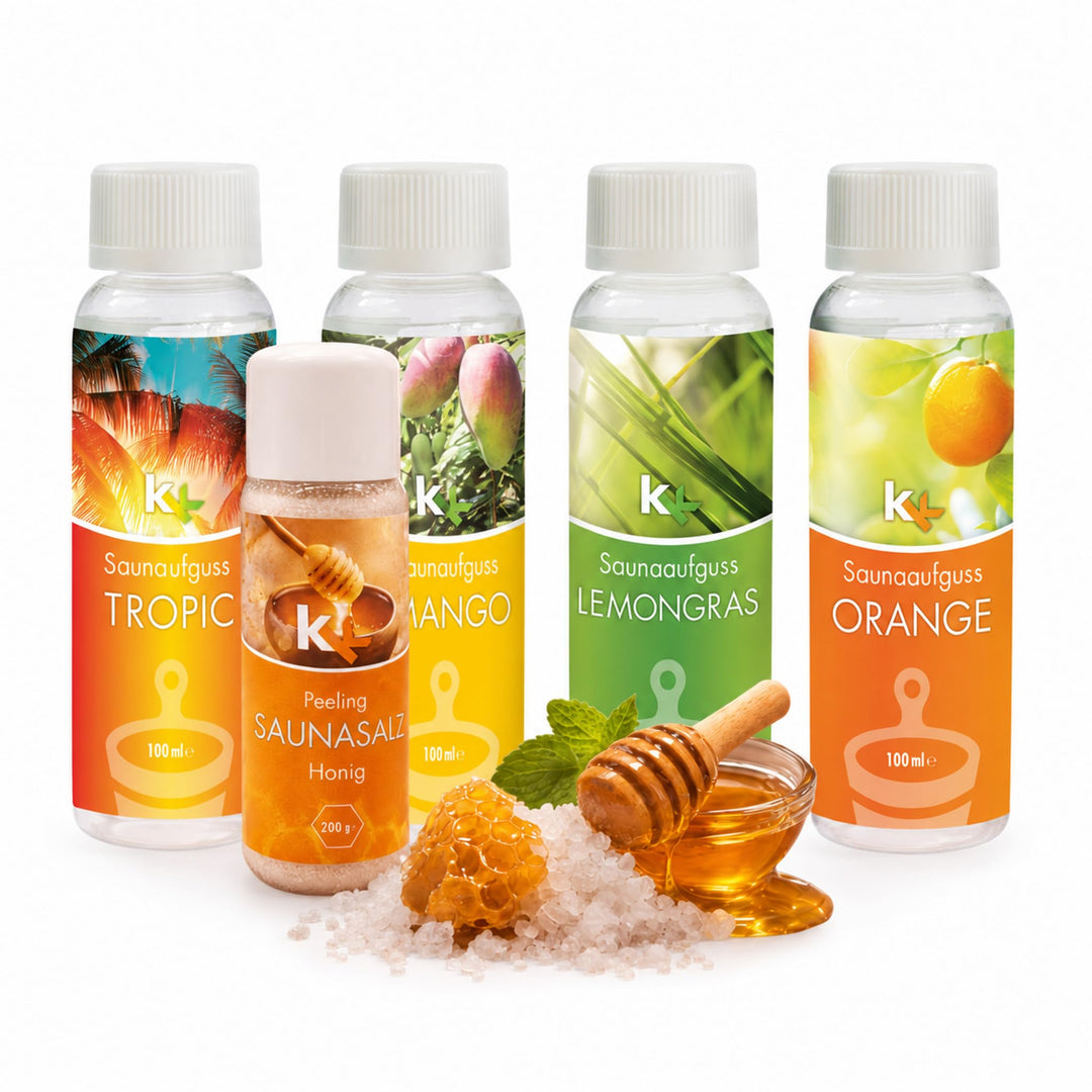 KK Sauna -Set mit Salz Peeling | KK Saunaaufgussset"Karibik" 4 x 100 ml + 200 g KK Saunasalz"Honig"