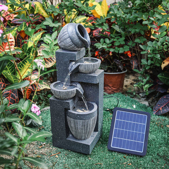 BTGGG Solarbrunnen für Draussen,4-Stufiger Kaskaden Solar Springbrunnen Gartenbrunnen mit LED-Licht