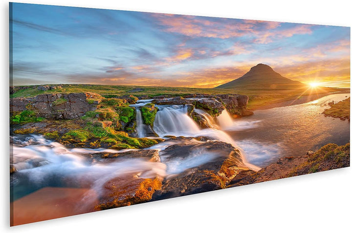 islandburner Bild auf Leinwand Schöne Landschaft Sonnenaufgang Kirkjufellsfoss Wasserfall Kirkjufell