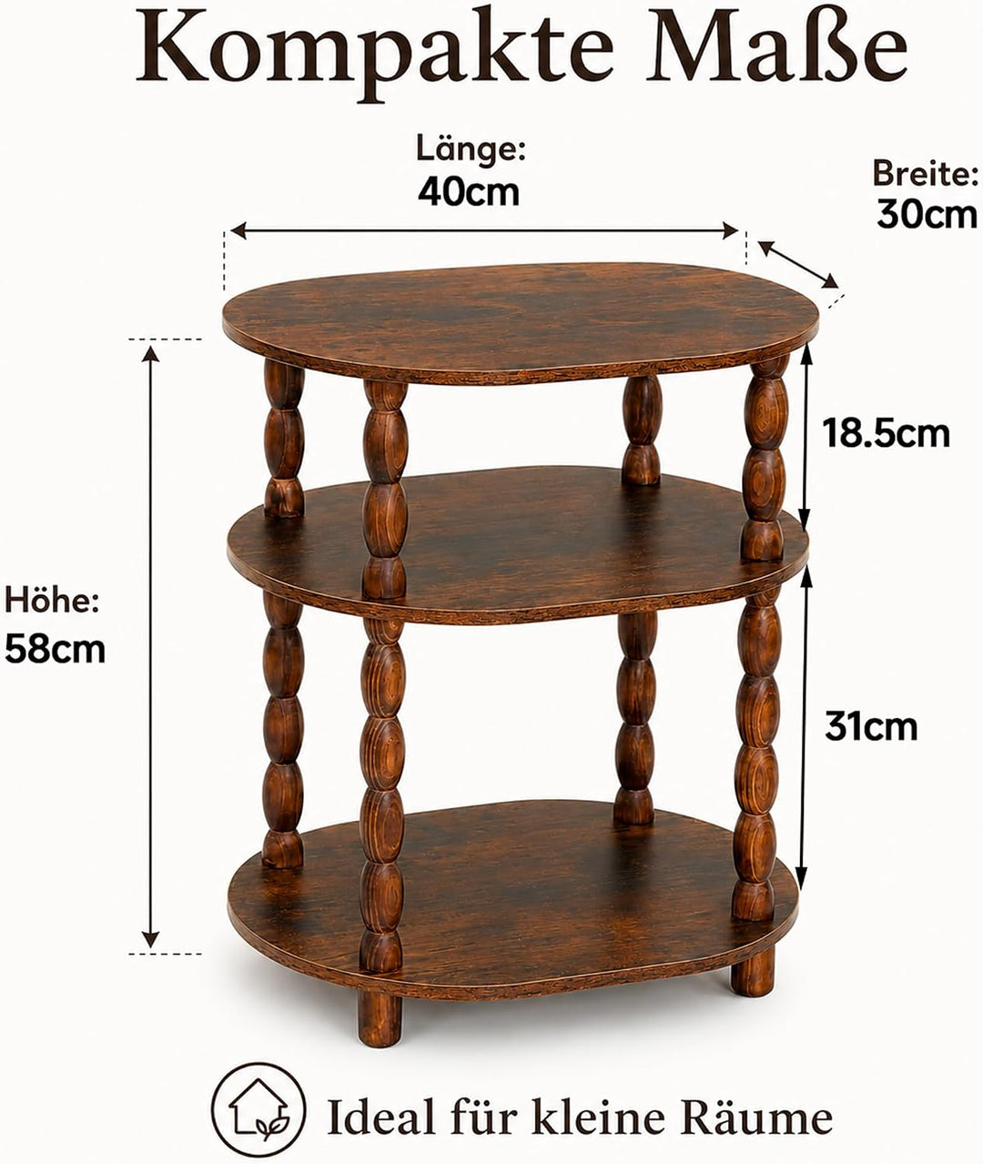 Beistelltisch 3 Ebenen, Oval, Klein, Vintage, Rustikales Braun