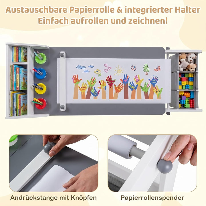 COSTWAY Kindertisch mit Stuhl, Papierrolle &amp; 4 Farbbechern, Grau