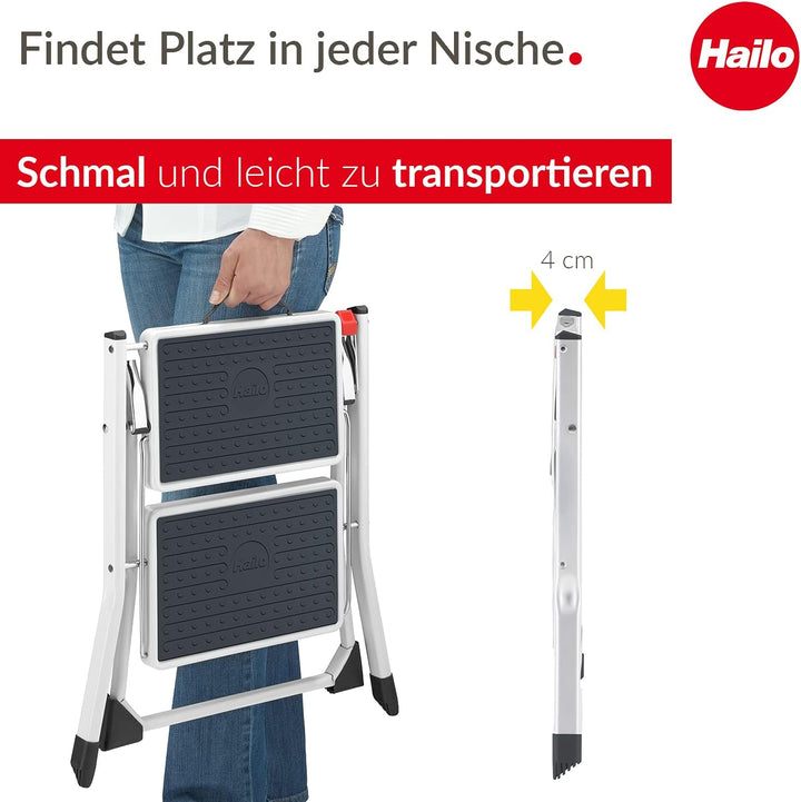 Hailo MK60 Mini Stahl-Trittleiter - 2 grosse Stufen mit Anti-Rutsch-Matten bis 150kg - Klappsicherun