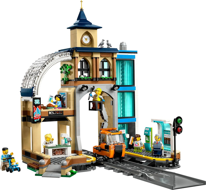 LEGO City Trains Hauptbahnhof - Wartungsfahrzeug-Spielzeug, funktionierendem Hublift, 2 Plattformen