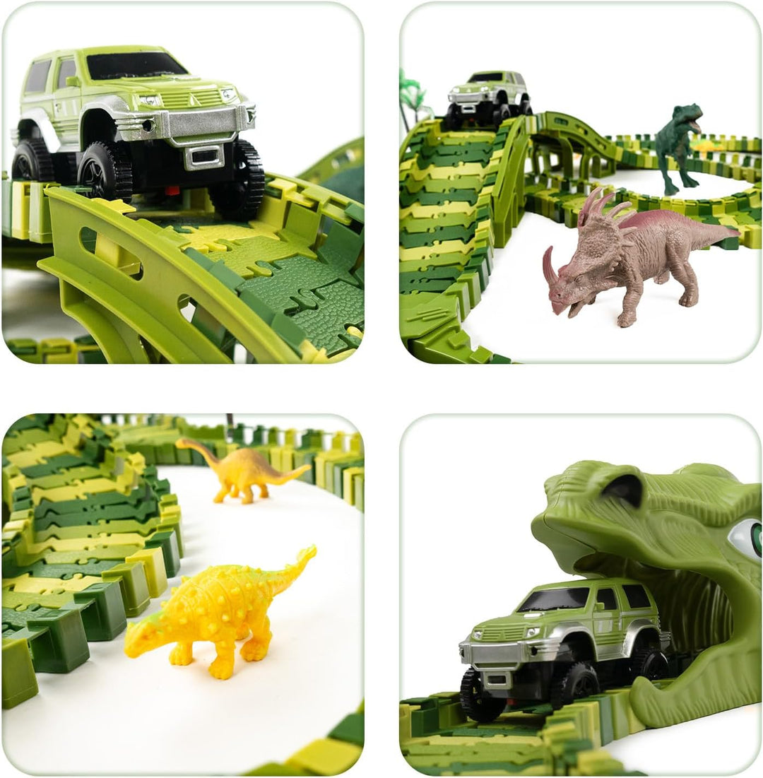 CELMAN Dinosaurier Spielzeug - Flexibles Rennbahn mit viele Teilen und Geländewagen, Autorennbahn Sp