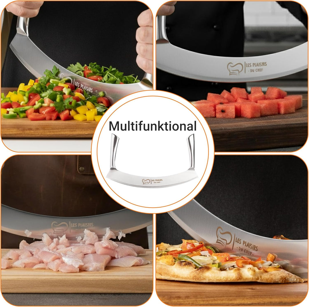 Extra scharfer Pizza Schneider/Pizzaschneider aus Edelstahl | Grosses Wiegemesser 30,5 cm mit Doppel