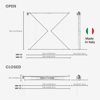 Foxydry Mini Deckenständer, vertikaler Wäscheständer, zusammenklappbar in Aluminium und Stahl 128x54