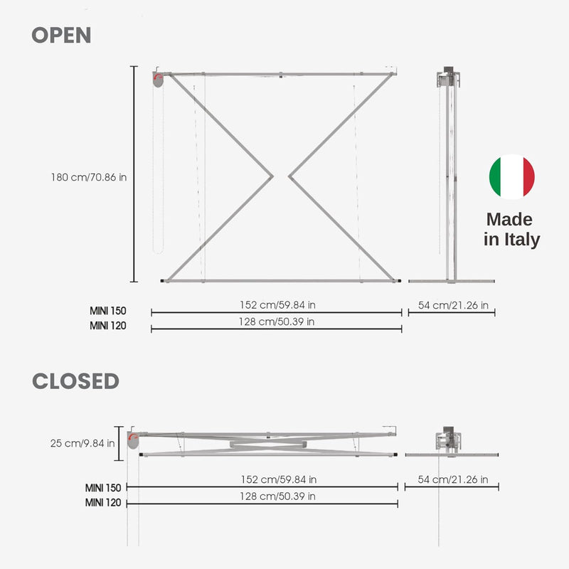 Foxydry Mini Deckenständer, vertikaler Wäscheständer, zusammenklappbar in Aluminium und Stahl 128x54