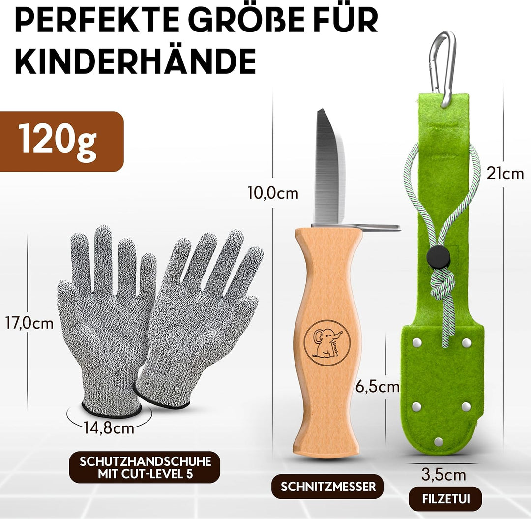 Eli® Schnitzmesser Kinder mit Filztasche und Schnitzholz ab 6 Jahre - hochwertiges Kindermesser Schn