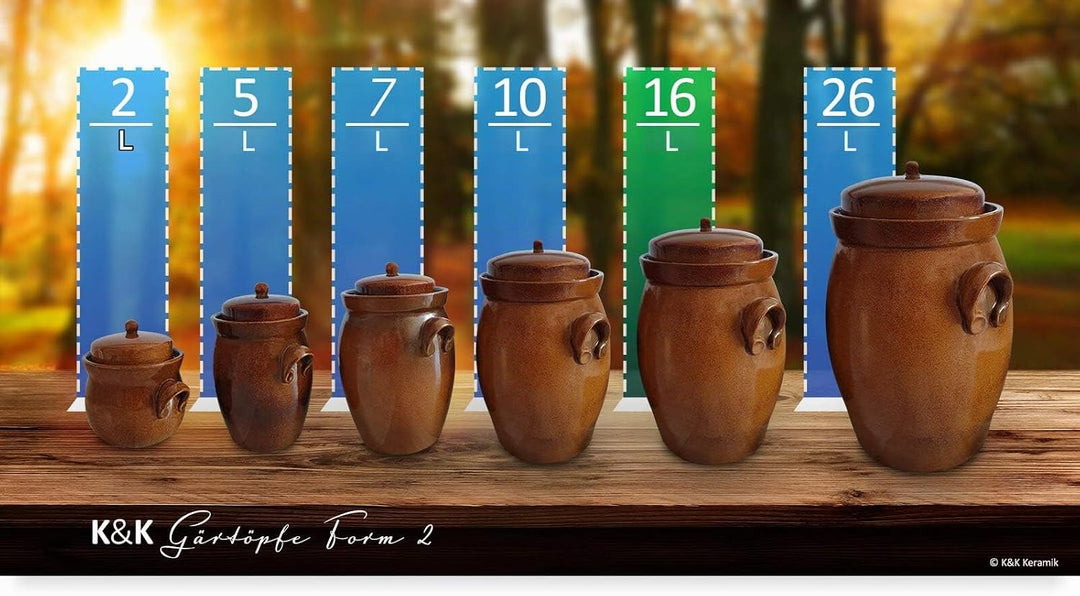 KERAZO Gärtopf 16 Liter aus Steinzeug Keramik inklusive Deckel + Stein + Anleitung [Form 2] BRAUN -