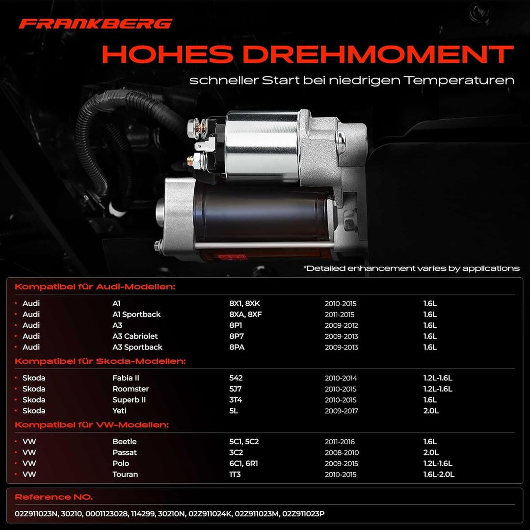 Frankberg Anlasser Starter 2,0 KW Kompatibel mit A1 8X1 8XK 1.6L 2010-2015 A3 8P1 1.6L 2009-2012 Alt