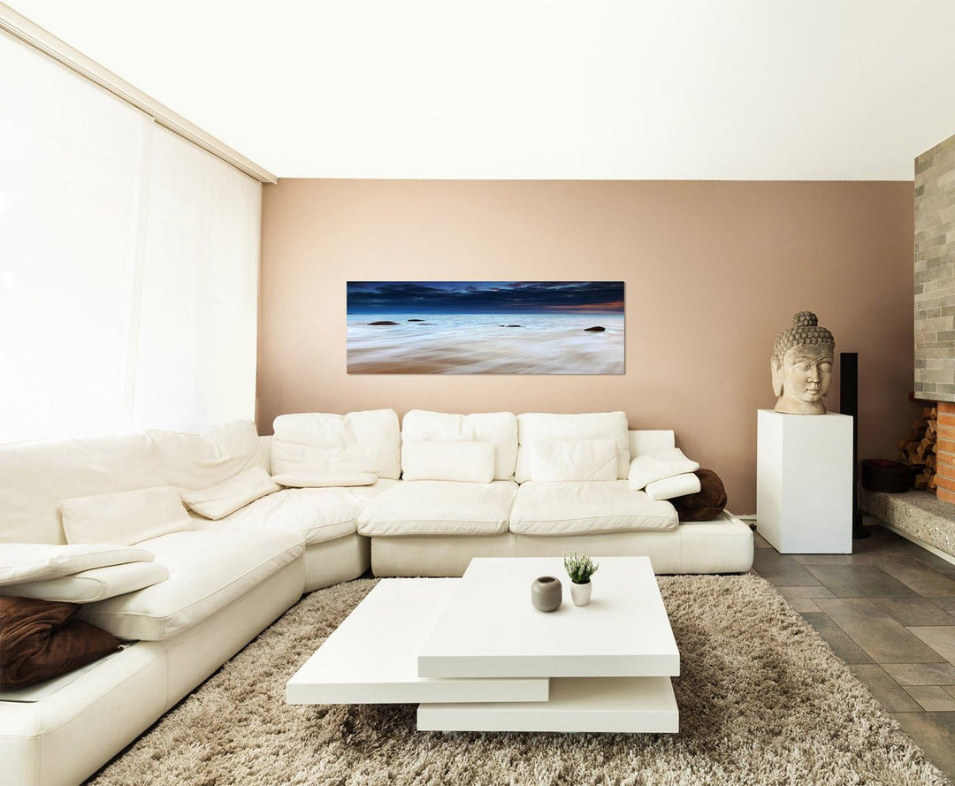 Paul Sinus Art Panoramabild auf Leinwand und Keilrahmen 150x50cm Neuseeland Meer Strand Morgendämmer