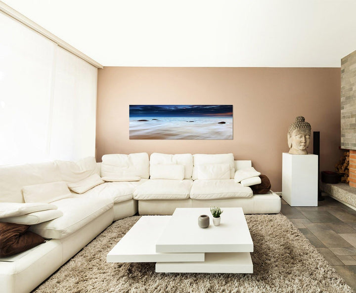 Paul Sinus Art Panoramabild auf Leinwand und Keilrahmen 150x50cm Neuseeland Meer Strand Morgendämmer
