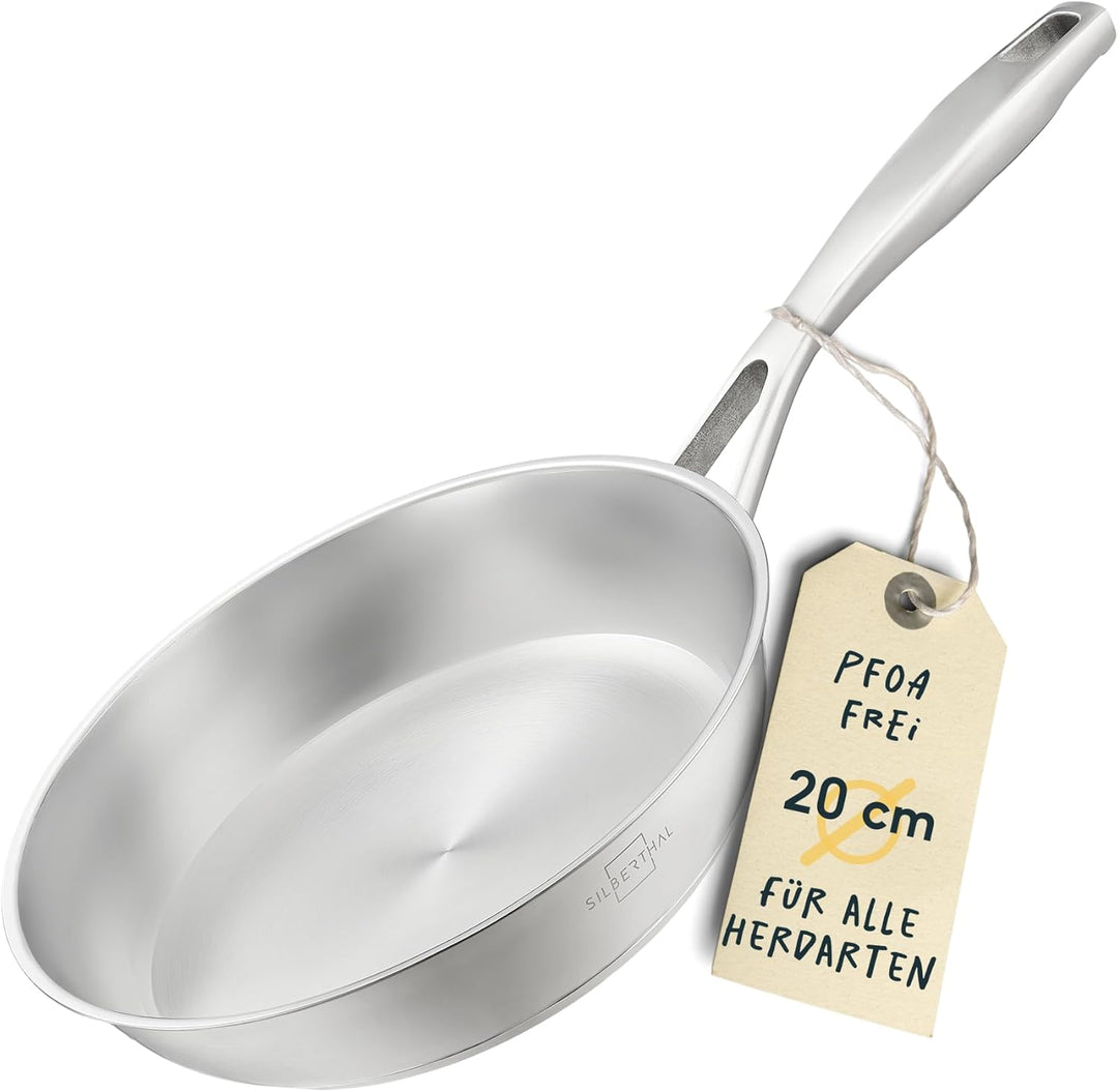 SILBERTHAL Edelstahl Pfanne Unbeschichtet - Induktion - Profi Bratpfanne 20cm - Röstaromen - Ofenfes