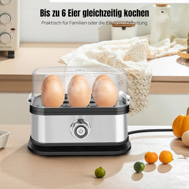 Eierkocher Edelstahl, 6 Eier Kapazität, für weich, mittel und hart gekocht, mit automatischer Abscha
