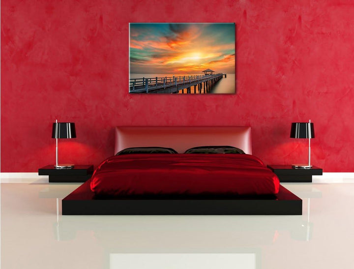 Pixxprint Steg ins Meer bei Sonnenuntergang als Leinwandbild/Grösse: 100x70 cm/Wandbild/Kunstdruck/f