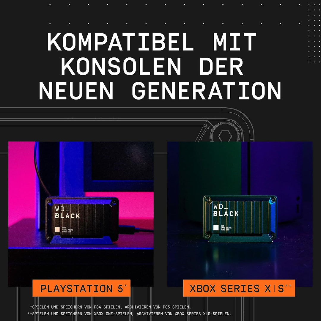 WD_BLACK D30 Game Drive SSD 500 GB (Übertragung mit 900 MB/s, USB Typ-C zu Typ-A Kabel) kompatibel m