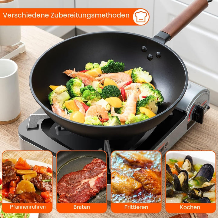 Jobin 33cm/5,6L Wokpfanne mit Eisendeckel Wok aus Kohlenstoffstahl Ohne Chemische Beschichtung und z