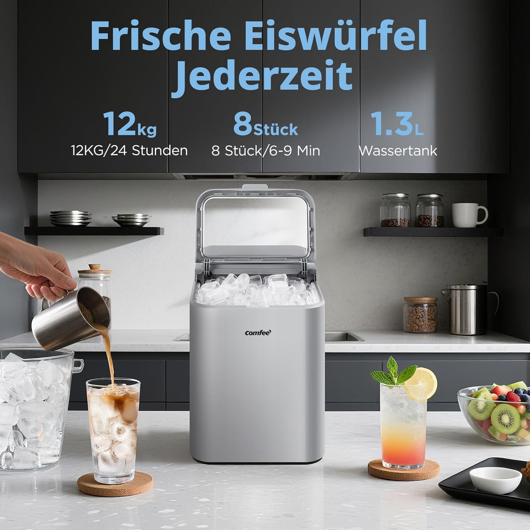 COMFEE' RCI12GY1EU(E) Eiswürfelmaschine, 8 Eiswürfel in 6 Min.,12 kg/24 Std.,1,3L Wassertank, Selbst