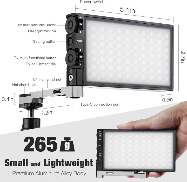 Pixel G1s RGB LED Video Licht mit verstellbarem Stativ (45-156cm), 2500K-8500K 12W Akku und CRI≥97,V