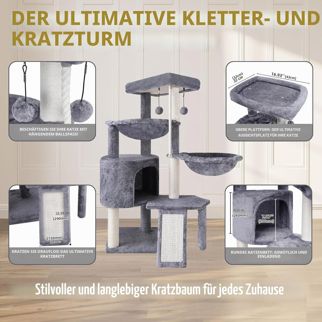 TINWEI Katzenbaum mit Katzenhütte und Zwei Hängematten, Grau, Grau