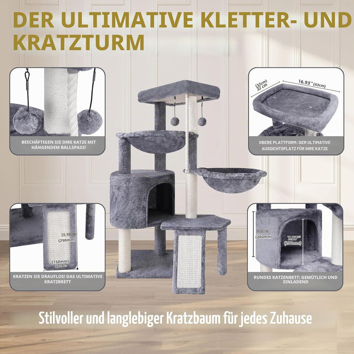 TINWEI Katzenbaum mit Katzenhütte und Zwei Hängematten, Grau, Grau