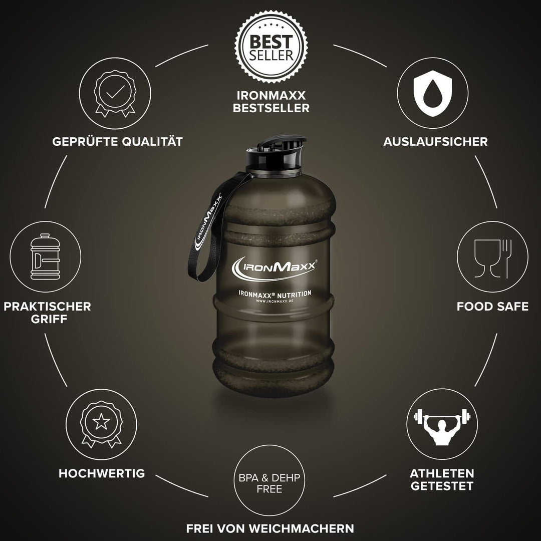 IronMaxx Water Gallon - Frosted Black 2200ml | BPA & DEHP frei | auslaufsichere Trinkflasche mit Mes