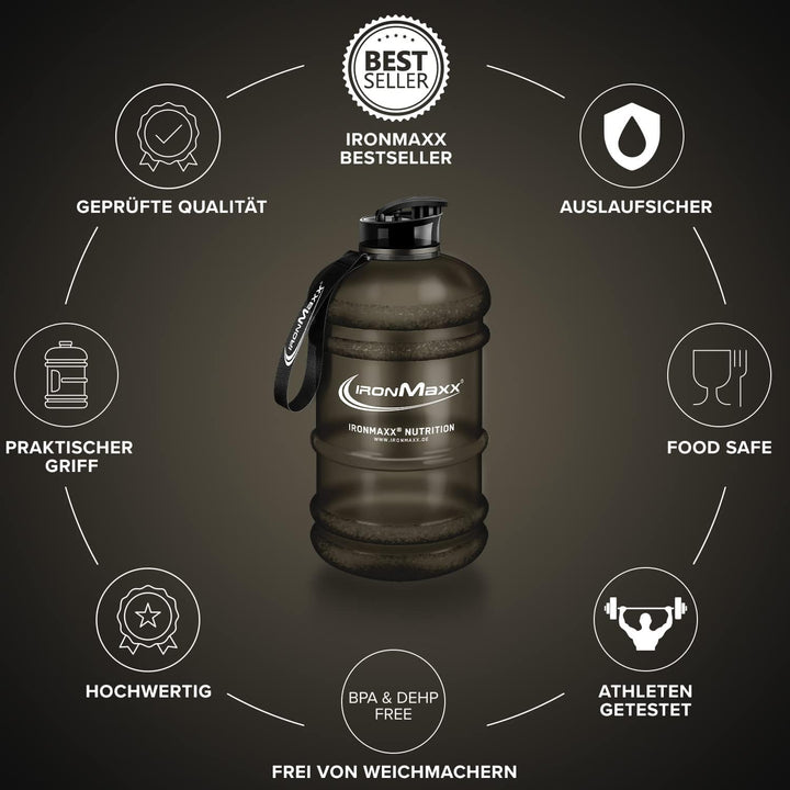 IronMaxx Water Gallon - Frosted Black 2200ml | BPA & DEHP frei | auslaufsichere Trinkflasche mit Mes