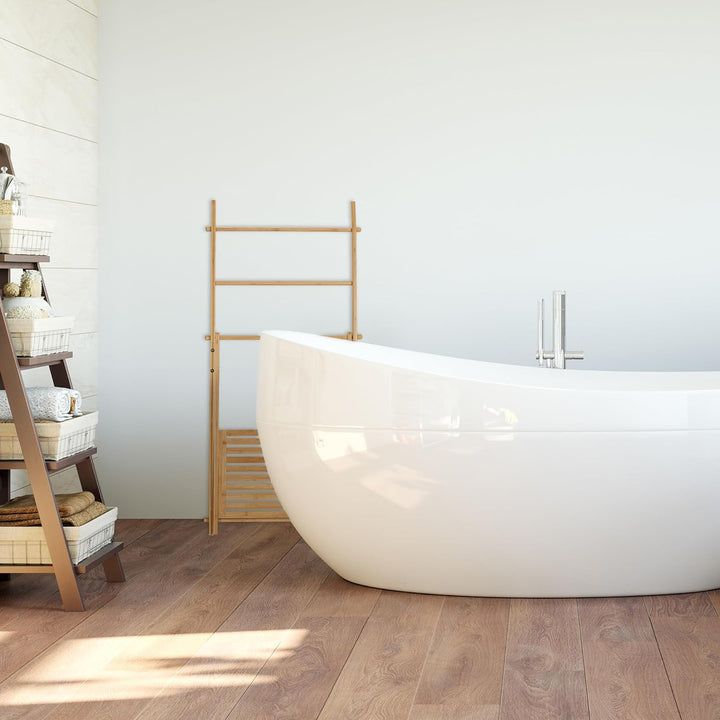 Relaxdays Handtuchleiter Bambus, 3 Stangen, 1 Ablage, HBT: 110 x 53 x 31,5 cm, klappbar, Standhandtu