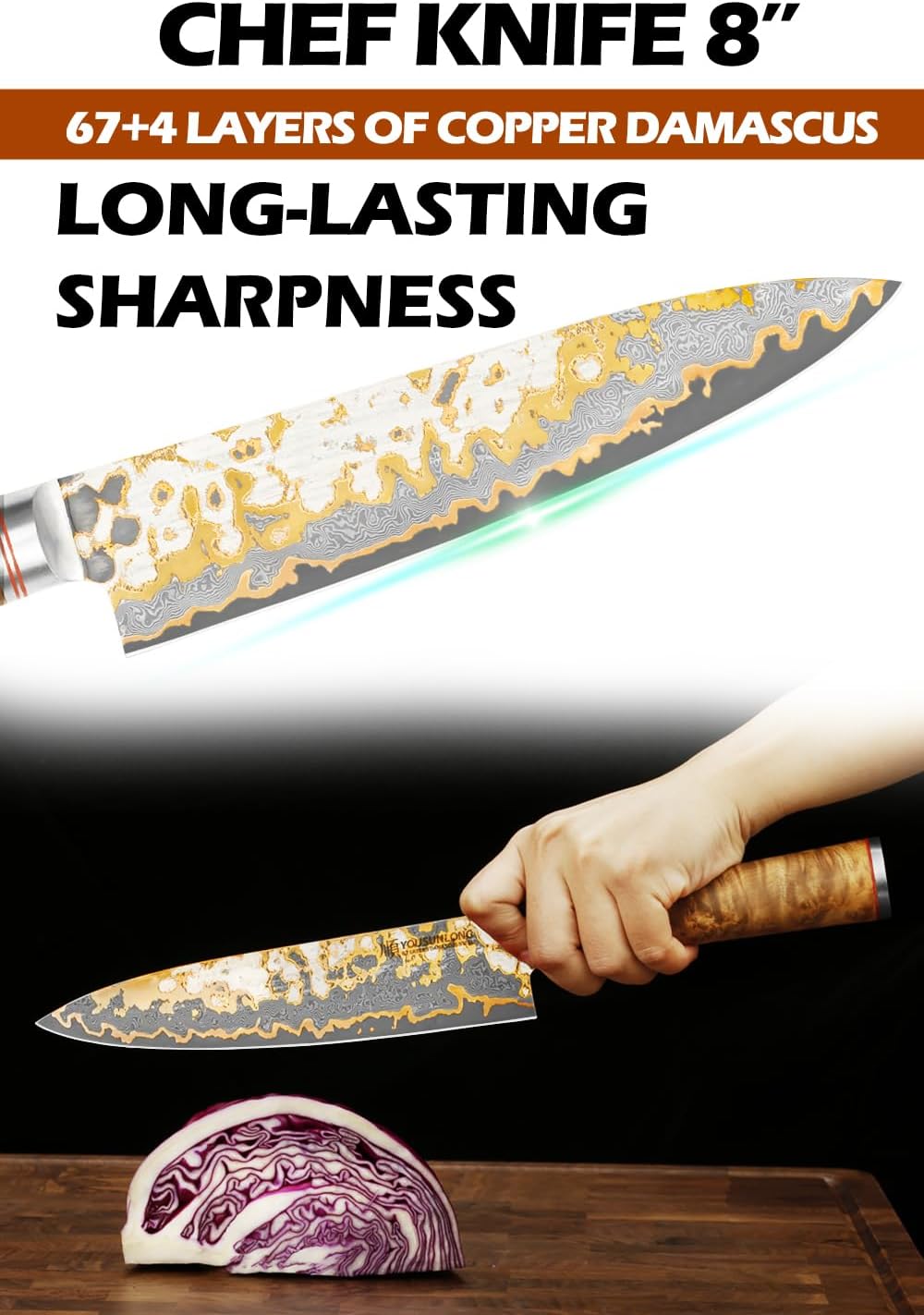 YOUSUNLONG Professionelles Kochmesser - 200mm Klinge Japanischer Handgefertigter Kupfer Damast Stahl