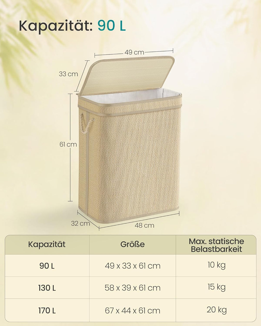 SONGMICS Wäschekorb, Wäschesammler Bambus, 90 Liter, Wäschesack herausnehmbar und maschinenwaschbar,