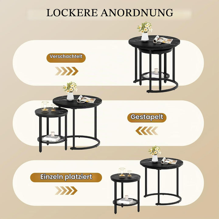 YITAHOME Couchtisch 2er Set Rund, Wohnzimmertisch Modern mit Stauraum, Beistelltisch 2er Set Stapelb