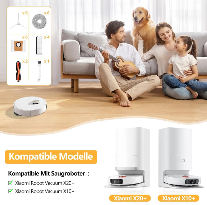 25 Stück Zubehör für Xiaomi X20 Plus / X10 Plus Saugroboter, Ersatzteile für Xiaomi X20, 6 Staubbeut