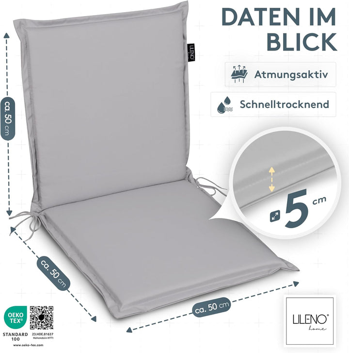 LILENO HOME Gartenstuhl Auflagen [1er Set - Niedriglehner] in Grau - Bequeme Liegen als Sitzauflagen