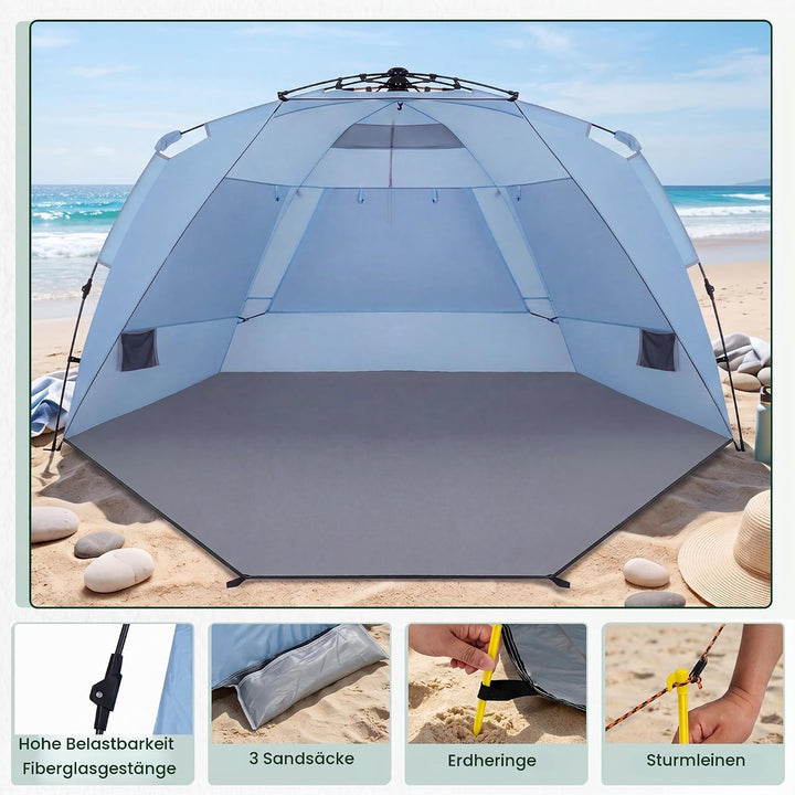 HOMASIS Pop-up Strandmuschel, wetterfestes Strandzelt für 3-4 Personen mit erweiterbarem Boden, Mesh