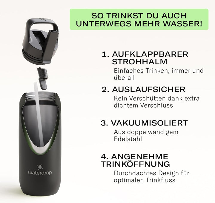 waterdrop® All Purpose Thermosflasche 600ml – Trinkflasche mit Strohhalm – isolierte Edelstahl, 24h